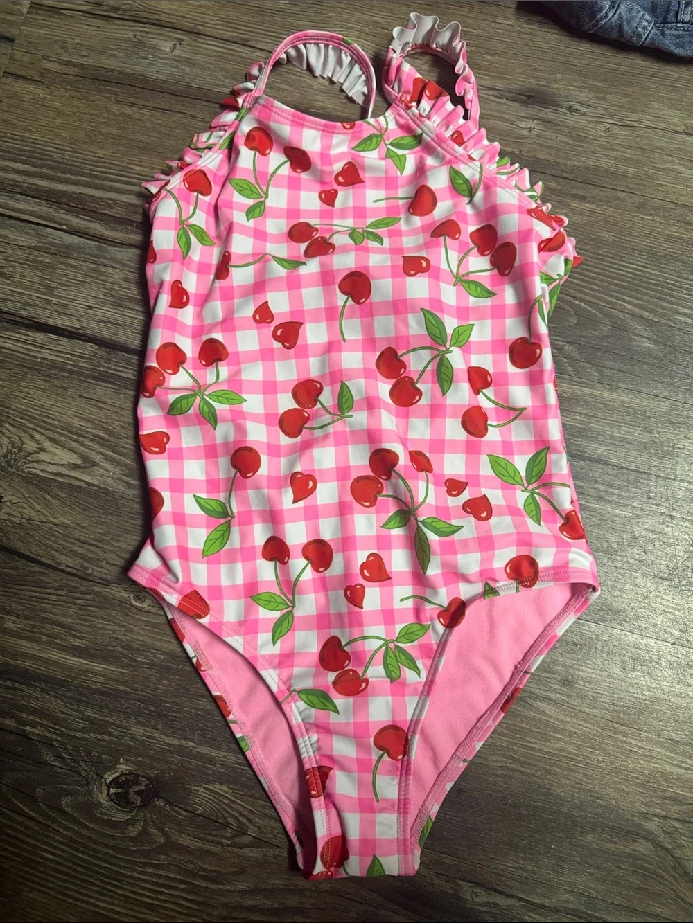 Kids Pink Cherry Print One-Piece Swimsuit